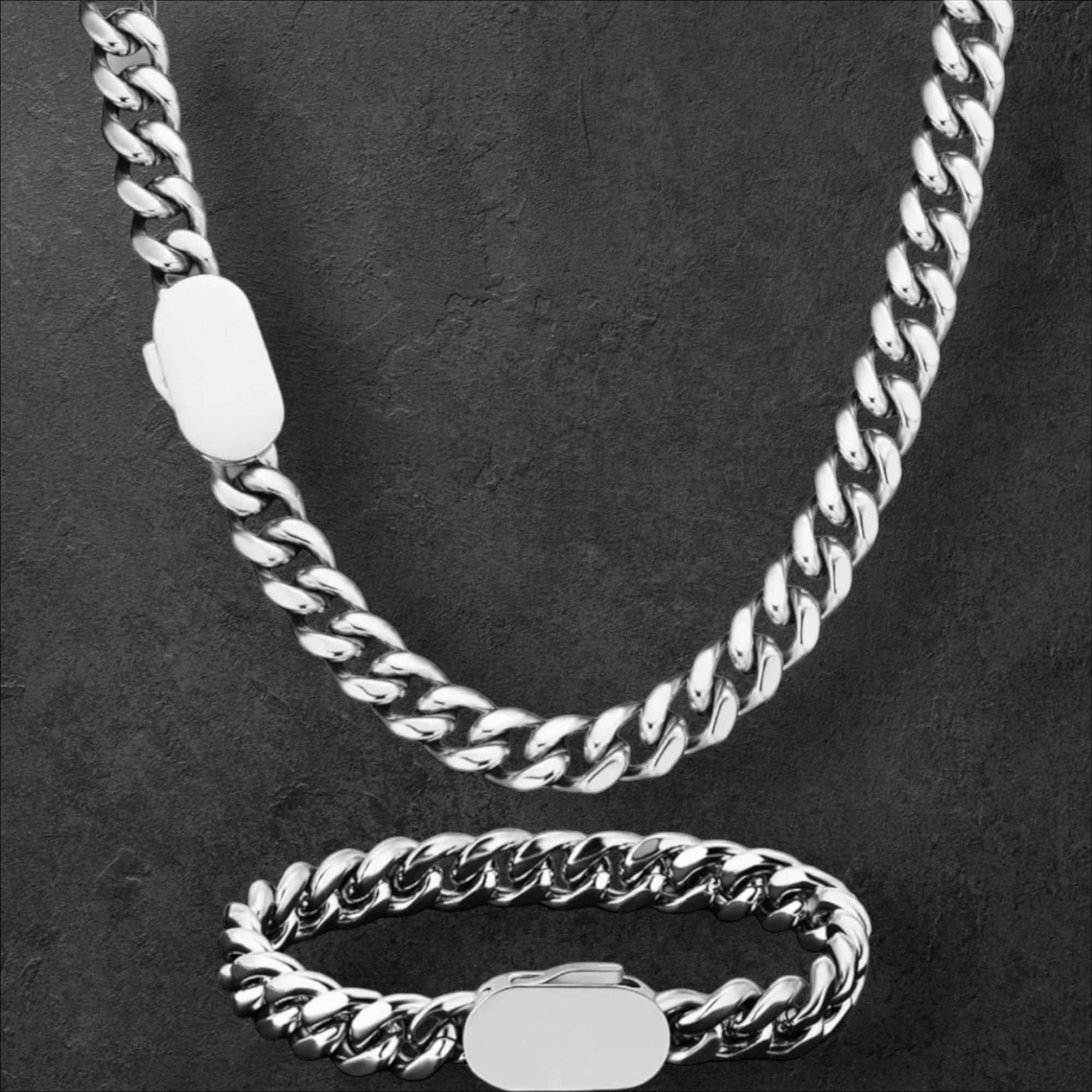 10mm Cuban Necklace Set Silver