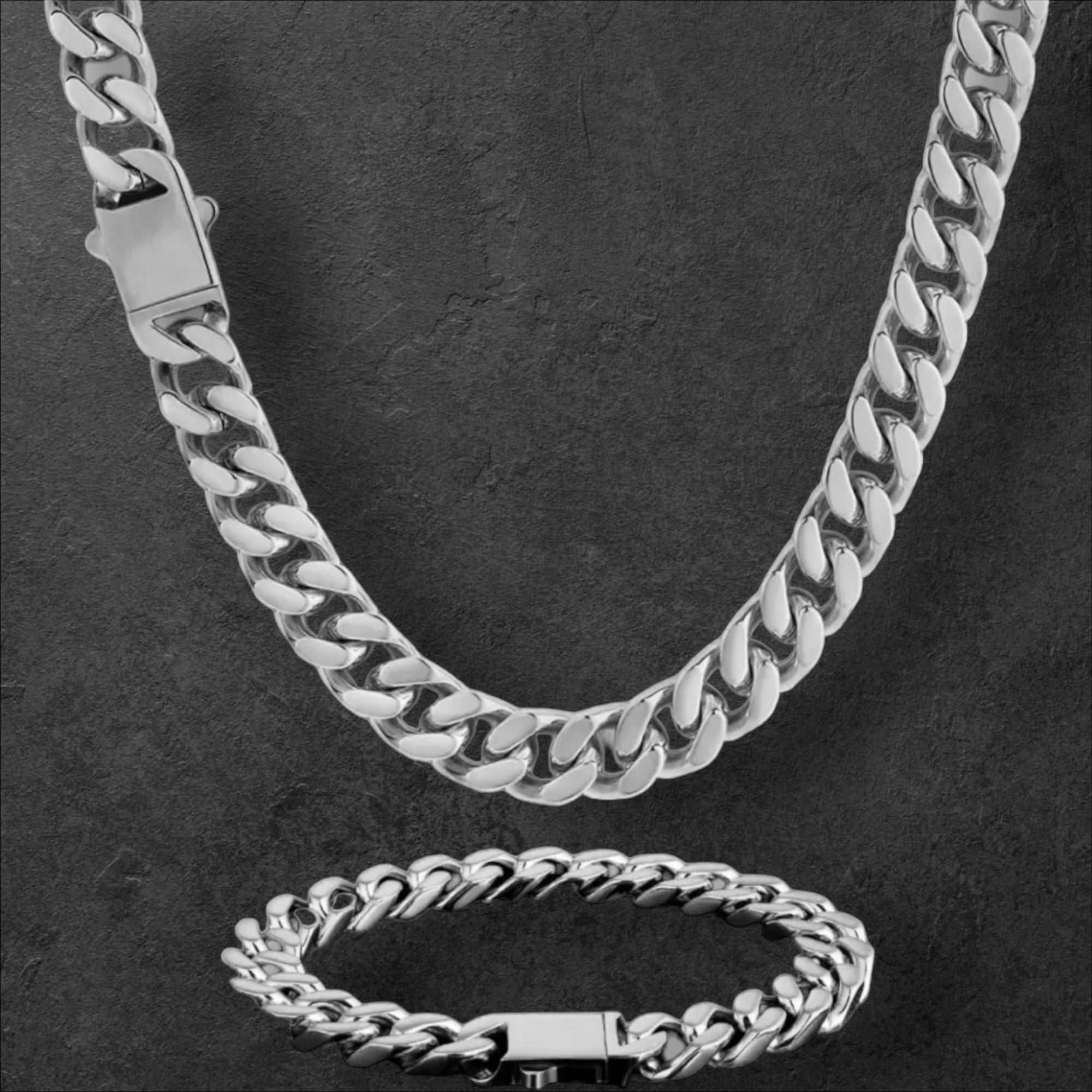 12mm Cuban Necklace Set Silver